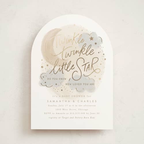 This is a latte foil stamped baby shower invitations with foil pressed by Creo Study called moon and stars printing on signature in standard