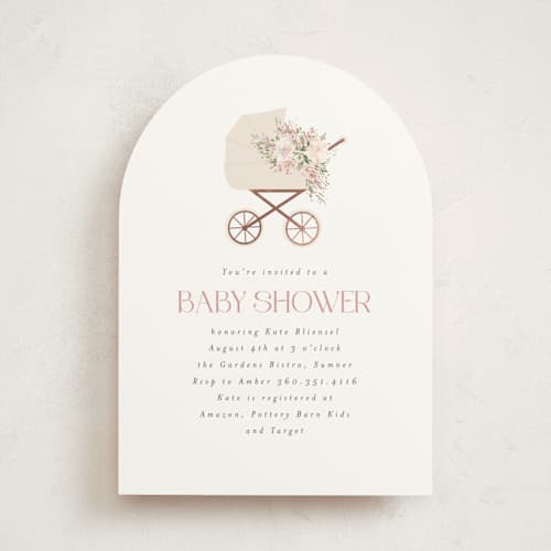 This is a dusty rose foil stamped baby shower invitations with foil pressed by Itsy Belle Studio called baby carriage printing on signature in standard