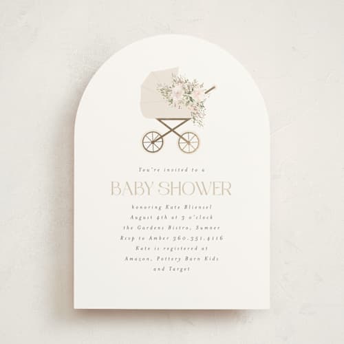 This is a coffee creamer foil stamped baby shower invitations with foil pressed by Itsy Belle Studio called baby carriage printing on signature in standard