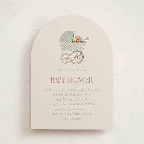 This is a sea fog foil stamped baby shower invitations with foil pressed by Erin Kessler called waiting for a sibling printing on signature in standard