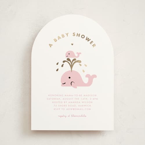 This is a baby pink foil stamped baby shower invitations with foil pressed by mo kelley called baby whale on the way printing on signature in standard