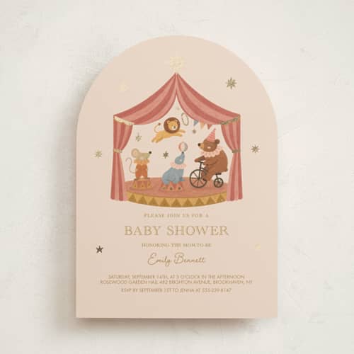 This is a mustard foil stamped baby shower invitations with foil pressed by Rina Ozum called little circus printing on signature in standard