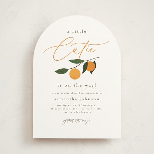 This is a clementine baby shower invitations with standard by Stacey Meacham called little cutie printing on signature in standard