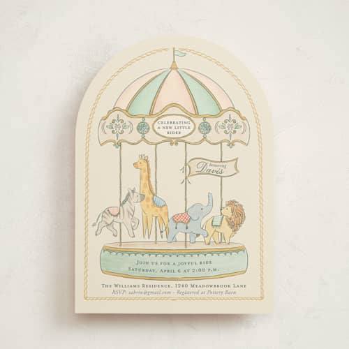 This is a vanilla baby shower invitations with standard by Sabrin Deirani called carousel of sweet beginnings printing on signature in standard