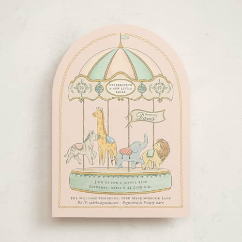 This is a petal baby shower invitations with standard by Sabrin Deirani called carousel of sweet beginnings printing on signature in standard