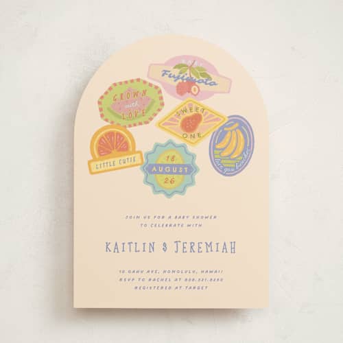 This is a acai berry baby shower invitations with standard by Natalie Rae called fruit stickers printing on signature in standard