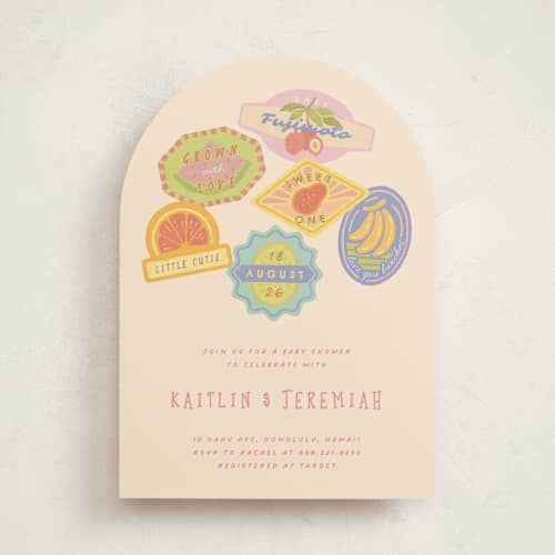 This is a lychee baby shower invitations with standard by Natalie Rae called fruit stickers printing on signature in standard