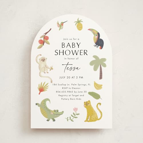 This is a ivory baby shower invitations with standard by Kate Blalock called tropical animals printing on signature in standard