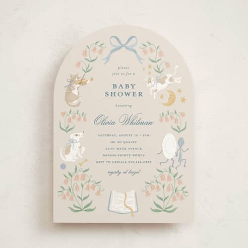 This is a forget-me-not baby shower invitations with standard by Jamie Alexander called hey, diddle diddle printing on signature in standard