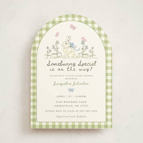 This is a grass baby shower invitations with standard by Holton Art and Design called somebunny special storybook printing on signature in standard