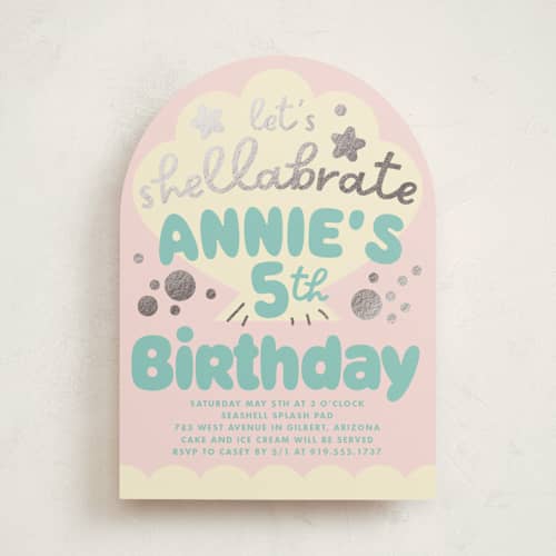 This is a candy kids birthday invitations with foil pressed by Baumbirdy called shelly printing on signature in standard