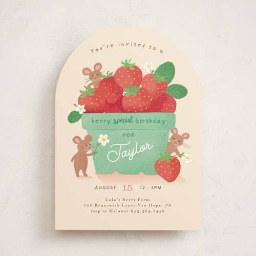 This is a vanilla kids birthday invitations with standard by Jennifer Wick called berry special printing on signature in standard