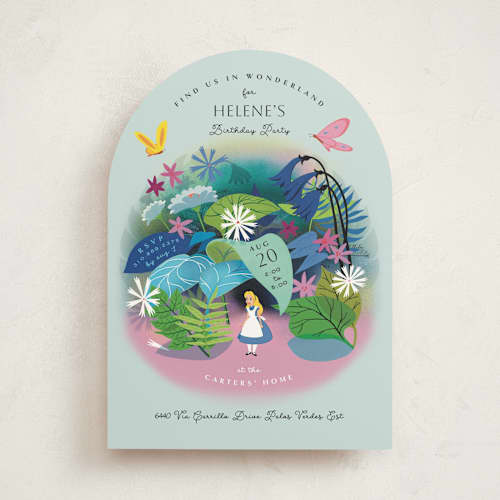 This is a aqua kids birthday invitations with standard by Becky Nimoy called disney's alice in wonderland in the flower garden printing on signature in standard