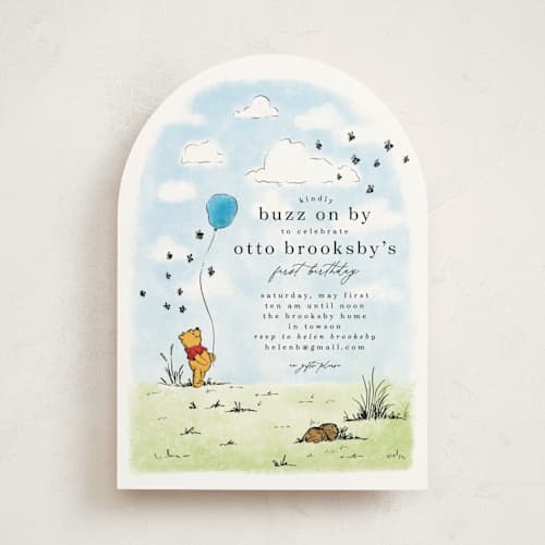 This is a hundred acre wood kids birthday invitations with standard by Erin L. Wilson called disney's winnie the pooh many birthday adventures printing on signature in standard