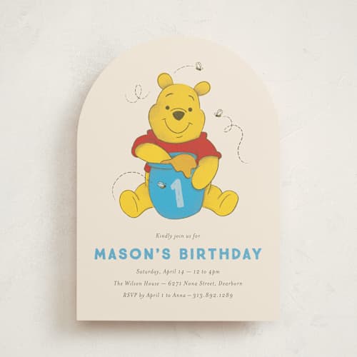 This is a cornflower kids birthday invitations with standard by Snow and Ivy called disney's pooh birthday printing on signature in standard