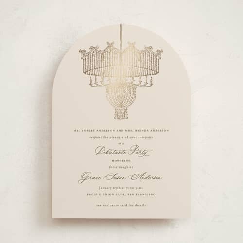 This is a sand debutante party invitations with foil pressed by Claudia Orengo called chandelier printing on signature in standard