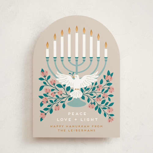 This is a vanilla hanukkah cards with standard by Jamie Alexander called peace, love and light printing on signature in standard
