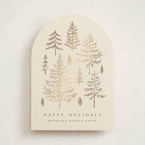This is a cream business holiday cards with foil pressed by Amy Kross called spruce shine printing on signature in standard