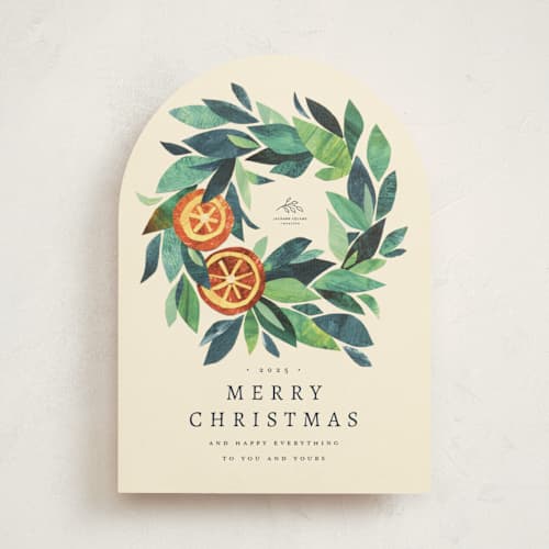 This is a crème business holiday cards with standard by Anastasia Makarova called paper orange wreath printing on signature in standard