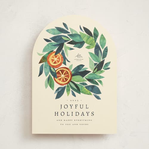 This is a crème business holiday cards with standard by Anastasia Makarova called paper orange wreath printing on signature in standard