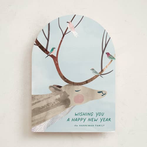This is a frost fog non photo holiday cards with standard by Eve Schultz called reindeer cheer printing on signature in standard