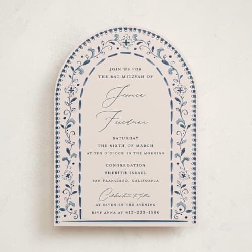 This is a navy bar mitzvah bat mitzvah invitations with standard by Meagan Christensen called talavera printing on signature in standard