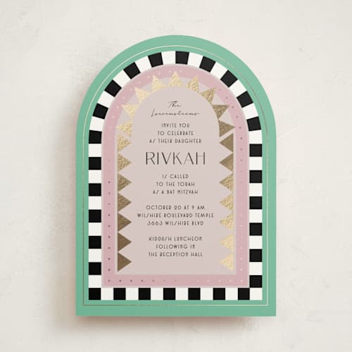 This is a aqua bar mitzvah bat mitzvah invitations with foil pressed by Becky Nimoy called hollywood deco printing on signature in standard