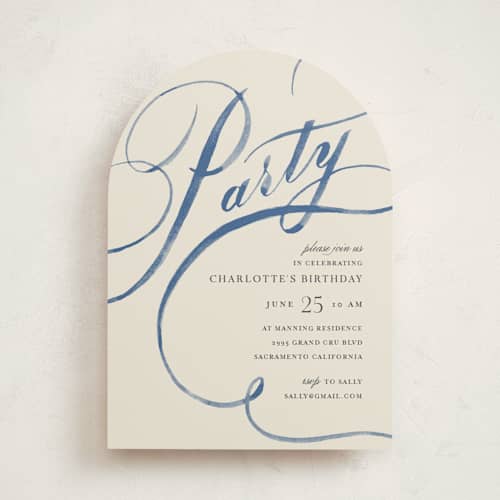 This is a navy party invitations with standard by Shannon Chen of Four Wet Feet Studio called watercolor lettering printing on signature in standard