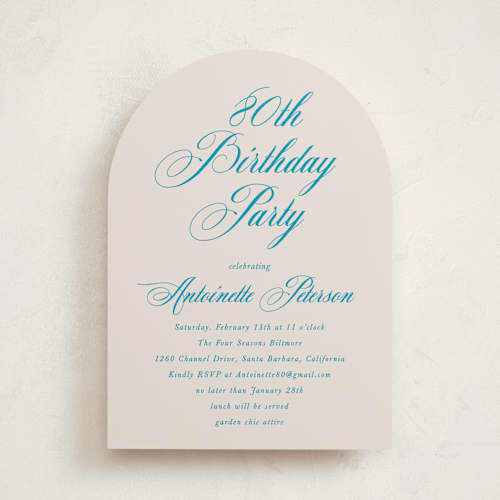 This is a antique sky party invitations with standard by Kamala Nahas called calligraphy printing on signature in standard
