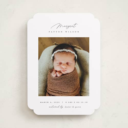 This is a pearl birth announcements with standard by Pixel and Hank called simply lovely printing on recycled smooth signature in standard