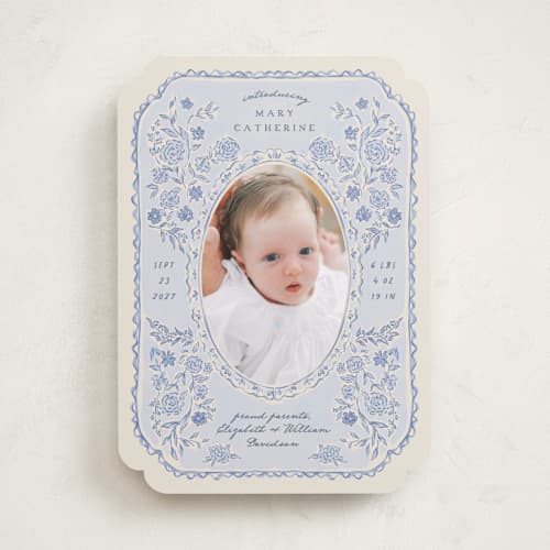 This is a delft birth announcements with standard by Grae called porcelain and lace printing on recycled smooth signature in standard