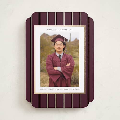 This is a burgundy graduation announcements with foil pressed by Baumbirdy called graduate stripe printing on recycled smooth signature in standard