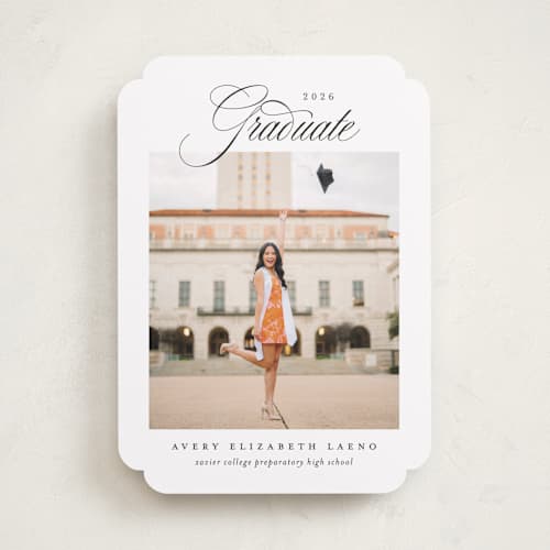 This is a swan graduation announcements with standard by Jennifer Postorino called classical grad printing on recycled smooth signature in standard