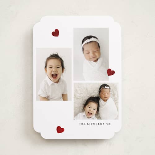 This is a cherry foil stamped valentine cards with foil pressed by Teju Reval called tiny painted hearts printing on recycled smooth signature in standard