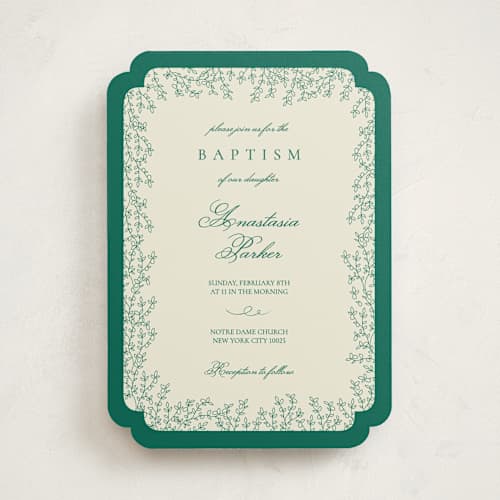 This is a shamrock baptism and christening announcements with standard by Paloma Morand Monteil called divine day printing on signature in standard