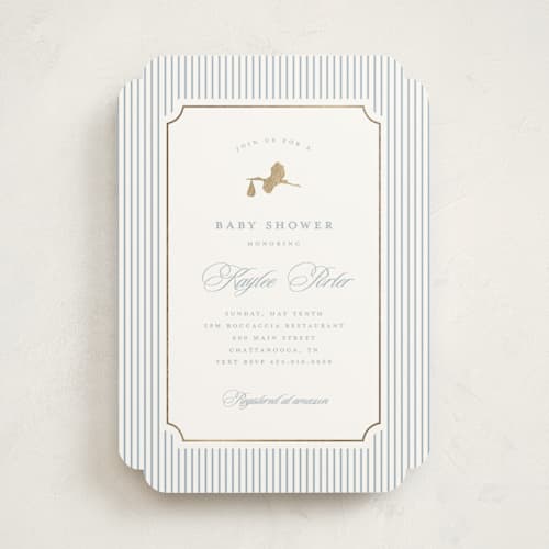 This is a dusty blue foil stamped baby shower invitations with foil pressed by Stacey Meacham called storybook stork printing on signature in standard