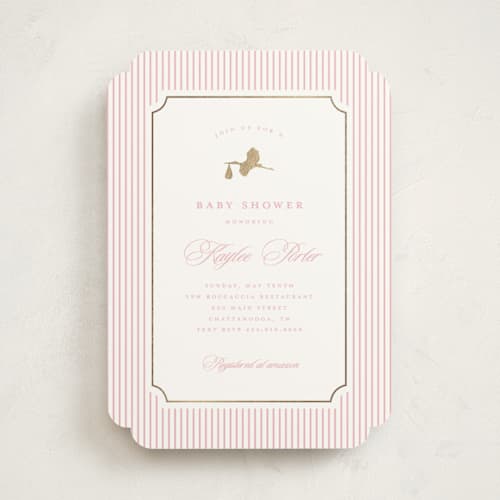 This is a bubblegum foil stamped baby shower invitations with foil pressed by Stacey Meacham called storybook stork printing on signature in standard