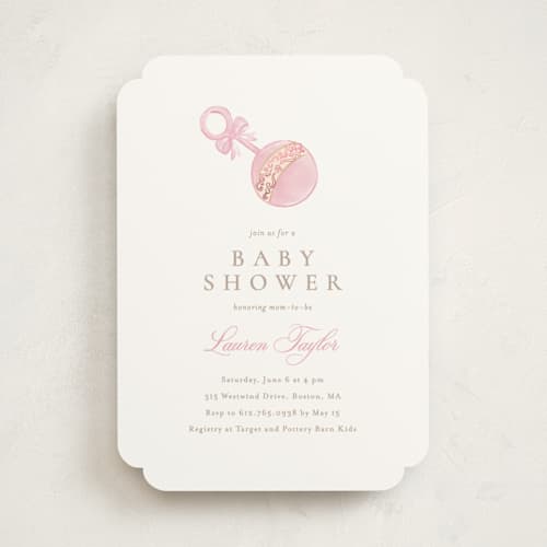 This is a watermelon foil stamped baby shower invitations with foil pressed by Creo Study called un hochet printing on signature in standard