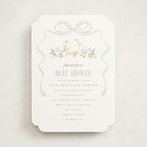 This is a mint baby shower invitations with standard by Everett Paper Goods called storybook geese printing on signature in standard