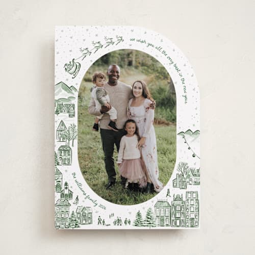 This is a wreath photo christmas cards with standard by Jenna Holcomb called azulejo village printing on recycled smooth signature in standard