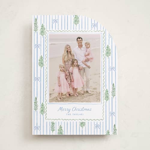 This is a blue jay photo christmas cards with standard by Creo Study called trees and bows printing on recycled smooth signature in standard