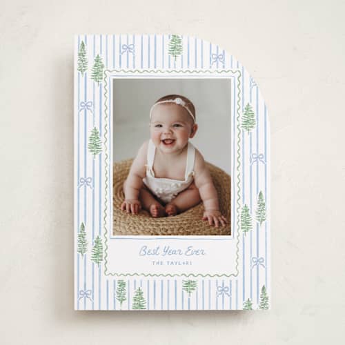 This is a blue jay photo christmas cards with standard by Creo Study called trees and bows printing on recycled smooth signature in standard