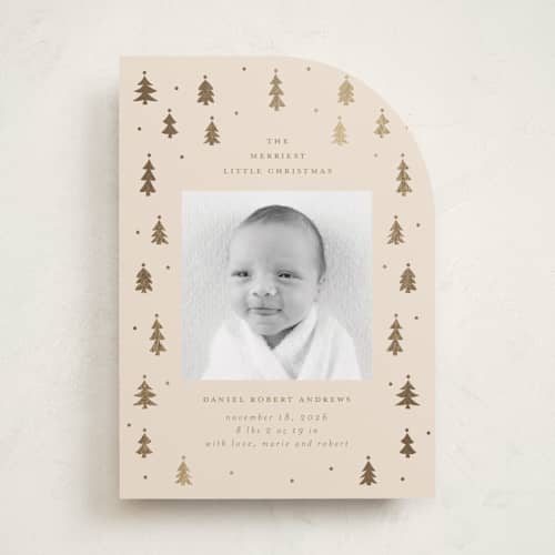 This is a candlelight babys first christmas with foil pressed by Jennifer Holbrook called merry little trees printing on recycled smooth signature in standard