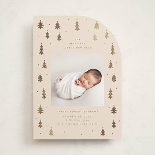 This is a candlelight babys first christmas with foil pressed by Jennifer Holbrook called merry little trees printing on recycled smooth signature in standard