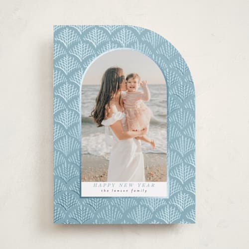 This is a aquamarine foil pressed holiday cards with foil pressed by Tamara Hilje called palmdeco printing on recycled smooth signature in standard