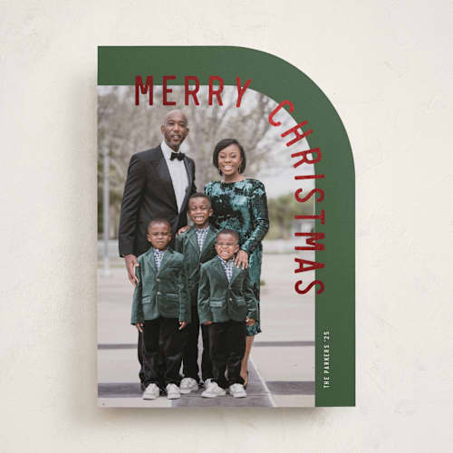 This is a pine foil pressed holiday cards with foil pressed by Brianne Larsen called curve printing on recycled smooth signature in standard