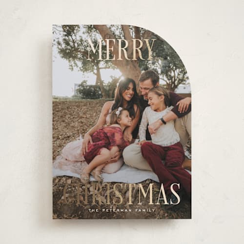 This is a snow foil pressed holiday cards with foil pressed by Rebecca Durflinger called christmas printing on recycled smooth signature in standard