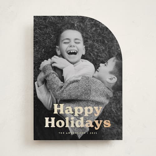 This is a eggnog foil pressed holiday cards with foil pressed by Katherine Moynagh called bold modern printing on recycled smooth signature in standard
