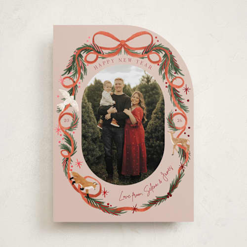 This is a scarlet foil pressed holiday cards with foil pressed by Elly called winter ribbon printing on recycled smooth signature in standard