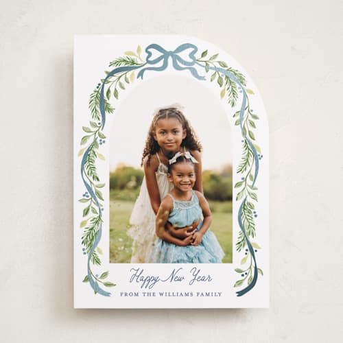 This is a moonlight foil pressed holiday cards with foil pressed by Sarah Knight called ribbon arch printing on recycled smooth signature in standard